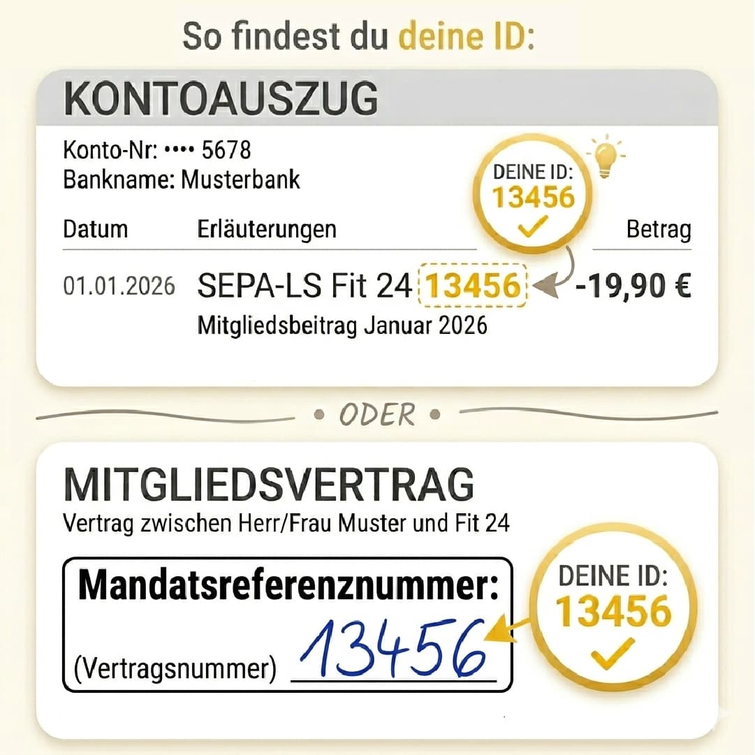 So findest du deine Mitgliedsnummer: auf dem Kontoauszug als Referenz der SEPA-Lastschrift und im Mitgliedsvertrag als Vertragsnummer.
